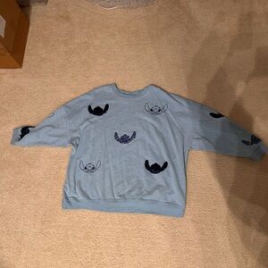 Disney Light Blue Crewneck Sweater with Navy Stitch Embroidery